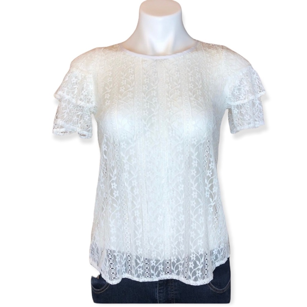 3/$20 BCBGENERATION Lace Top Short Ruffle Sleeves Split Back Womens Size XXS